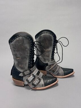 freebird Black and Gray Lace-Up Buckle Western Boots